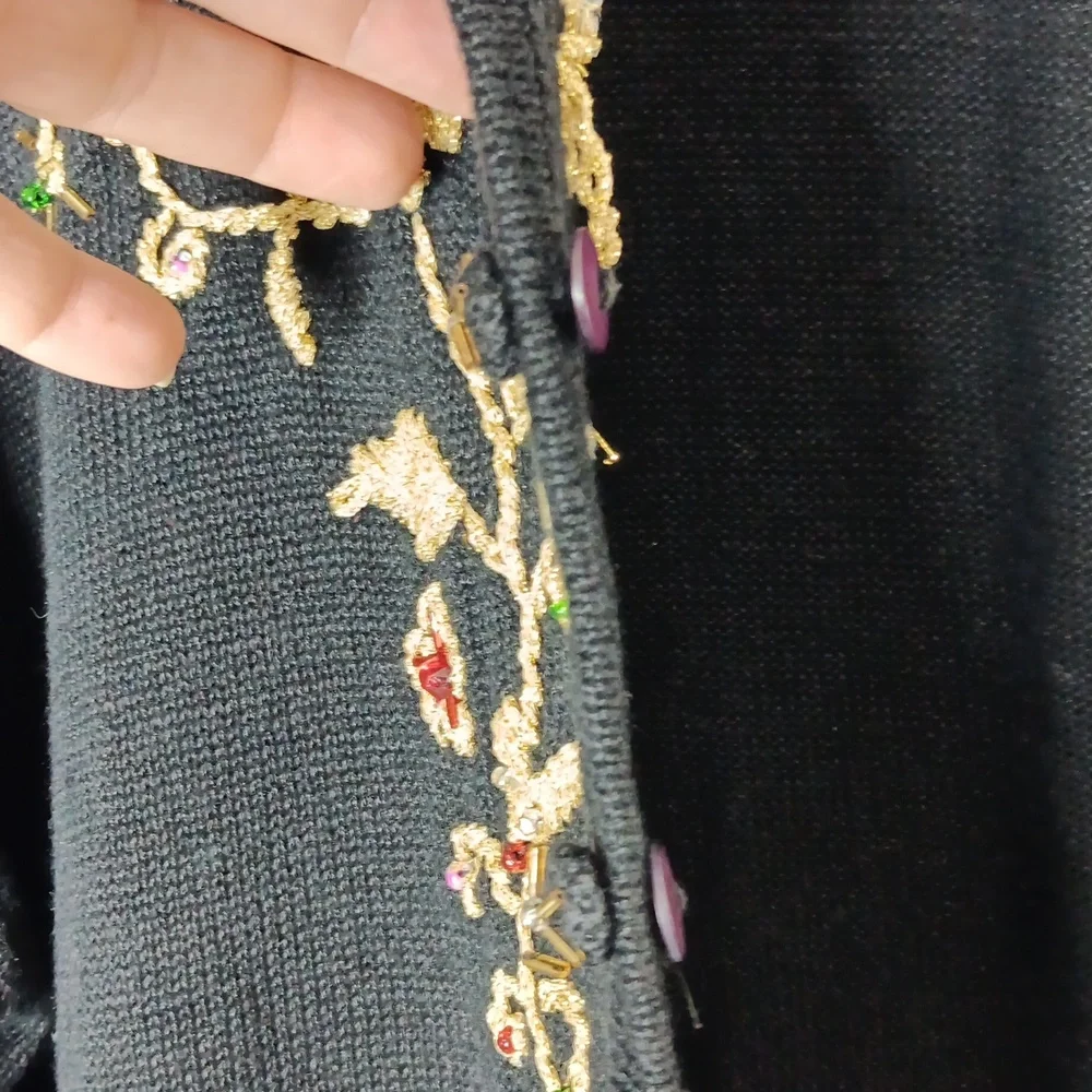 Arriviste Woman Black Cardigan Sweater w/ Shiny Gold Embroidery & Beads Size XXL